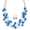 Violet Blue Square Shell & Crystal Floating Bead Necklace & Drop Earring Set - 52cm Length/ 6cm extension