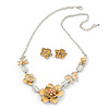 Yellow Cream Enamel Flower & Butterfly Necklace & Stud Earring Set In Rhodium Plating - 36cm Length/ 5cm Extension