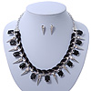 Crystal, Black Jewelled Stone, Velour Ribbon, Spike Necklace & Stud Earrings Set In Silver Tone - 44cm Length/ 6cm Exntension