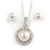 Classic Clear Austrian Crystal Simulated Pearl Pendant With Silver Tone Chain and Stud Earrings Set - 44cm L/ 5cm Ext - Gift Boxed