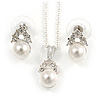 Clear Austrian Crystal Simulated Pearl Pendant With Silver Tone Chain and Stud Earrings Set - 44cm L/ 5cm Ext - Gift Boxed