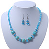 Turquoise, Light Blue Crystal Bead Necklace & Drop Earrings In Silver Tone Metal - 40cm Length/ 4cm Length