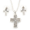 Clear Austrian Crystal Cross Pendant With Silver Tone Chain and Stud Earrings Set - 46cm L/ 5cm Ext - Gift Boxed