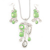 Light Green Enamel Geometric Pendant Necklace & Drop Earrings Set In Rhodium Plated Metal - 40cm Length/ 8cm extender
