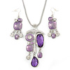 Purple Enamel Geometric Pendant Necklace & Drop Earrings Set In Rhodium Plated Metal - 40cm Length (8cm extender)