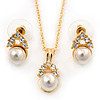 Clear Austrian Crystal Simulated Pearl Pendant With Gold Tone Chain and Stud Earrings Set - 44cm L/ 5cm Ext - Gift Boxed