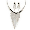 Statement Bridal Clear/ Black Crystal Fringe Necklace & Earrings Set In Silver Tone Metal - 35cm L/ 12cm Ext