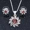 Clear/ Purple Austrian Crystal Flower Pendant With Silver Tone Chain and Stud Earrings Set - 40cm L/ 5cm Ext - Gift Boxed