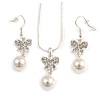 Clear Austrian Crystal Glass Pearl Bow Pendant with Silver Tone Chain and Drop Earrings Set - 40cm L/ 5cm Ext - Gift Boxed
