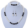 Classic 9mm Glass Pearl, Black Crystal Bead Necklace, Flex Bracelet & Drop Earrings Set - 42cm Length/ 4cm Extension