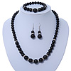 Black Ceramic Bead Necklace, Flex Bracelet & Drop Earrings With Crystal Ring Set In Silver Tone - 44cm Length/ 6cm Extension