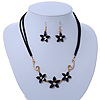 Black, Crystal Floral Necklace On Suede Cords & Drop Earrings Set In Gold Tone - 42cm Length/ 7cm Extender