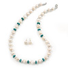 Off Round Cream Freshwater Pearl with Turquoise Bead Necklace and Stud Earrings Set In Silver Tone - 44cm L/ 8mm D