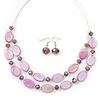 Light Purple Oval Shell & Round Crystal Floating Bead Necklace & Drop Earring Set - 46cm L/ 4cm Ext