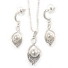 Clear Crystal, White Glass Pearl Calla Lily Pendant with Chain and Drop Earrings Set In Rhodium Plated Metal - 40cm L/ 5cm Ext, 45mm L (Earrings)