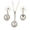 Round Cut Clear Glass Pendant With Silver Tone Chain and Drop Earrings Set - 38cm L/ 5cm Ext - Gift Boxed