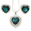 Emerald Green/ Clear Crystal Heart Pendant with Silver Tone Chain and Stud Earrings Set - 44cm L/ 6cm Ext