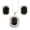 Black/ Clear Crystal Square Pendant with Silver Tone Chain and Stud Earrings Set - 44cm L/ 5cm Ext