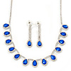 Bridal/ Wedding/ Prom Sapphire Blue/ Clear Austrian Crystal Necklace And Drop Earrings Set In Silver Tone - 36cm L/ 11cm Ext