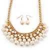 Gold Plated Cream Faux Pearl Bib Necklace and Drop Earrings Set - 40cm L/ 8cm Ext