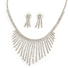 Statement Bridal Clear Crystal Fringe Necklace & Earrings Set In Silver Tone Metal - 38cm L/ 10cm Ext