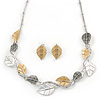Delicate Gold/ Silver/ Grey Matt Enamel Leaf Necklace & Stud Earrings In Silver Tone Metal - 40cm L/ 8cm Ext - Gift Boxed