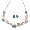 Delicate Pastel Pink/ Grey Matt Enamel Leaf Necklace & Stud Earrings In Silver Tone Metal - 40cm L/ 8cm Ext - Gift Boxed
