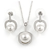 Clear Austrian Crystal Faux Glass Pearl Pendant with Silver Tone Chain and Drop Earrings Set - 40cm L/ 5cm Ext - Gift Boxed