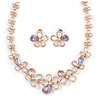 Romantic Pink/ Amethyst Crystal Open Flower Necklace & Stud Earrings In Rose Gold Metal - 40cm L/ 9cm Ext - Gift Boxed