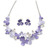 Romantic Matt Purple, Lavender Enamel Textured Floral Necklace & Stud Earrings In Rhodium Plated Metal - 39cm L/ 7cm Ext - Gift Boxed