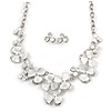 Romantic White Matt Enamel 3D Floral Necklace & Stud Earrings In Rhodium Plating - 40cm L/ 8cm Ext - Gift Boxed
