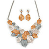 Delicate Matt Enamel Leaf Necklace & Drop Earrings In Silver Tone Metal (Copper/ Grey/ White) - 40cm L/ 8cm Ext - Gift Boxed
