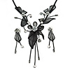 Exquisite Y-Shape Metallic Silver Rose Necklace & Drop Earring Set In Black Metal - 38cm L/ 7cm Ext
