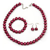12mm Cranberry Red Glass Bead Necklace, Flex Bracelet & Drop Earrings Set In Silver Plating - 46cm L/ 5cm Ext