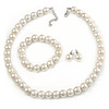 12mm Cream Faux Glass Pearl Bead Necklace, Flex Bracelet & Stud Earrings Set In Silver Plating - 46cm L/ 5cm Ext