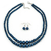 2 Strand Layered Inky Blue Graduated Glass Bead Necklace and Drop Earrings Set - 50cm L/ 4cm Ext