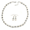 White Simulated Pearl & Hematite Glass Bead Necklace and Drop Earrings Set In Silver Tone - 40cm L/ 4cm Ext/ 8mm D