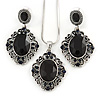 Victorian Inspired Black Crystal Filigree Pendant with Silver Tone Snake Chain and Drop Earrings In Aged Silver Tone Metal - 40cm L/ 4cm Ext