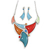 Multicoloured Enamel, Glass Geometric Necklace and Drop Earrings Set In Rhodium Plating Set - 42cm L/ 7cm Ext