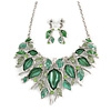 Stunning Green Crystal, Glass Leaf Necklace and Drop Earrings Set In Rhodium Plating - 41cm L/ 8cm Ext