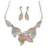 Pastel Enamel 'Spring Foliage' Floral Necklace and Drop Earrings Set In Rhodium Plating - 42cm L/ 8cm Ext