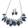 Blue Enamel, Crystal Multi Leaf Necklace and Drop Earrings Set In Rhodium Plating - 40cm L/ 6cm Ext