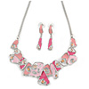 Pink Enamel, Crystal Geometric Necklace and Drop Earrings In Rhodium Plating - 40cm L/ 7cm Ext
