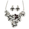 Romantic Enamel Flower and Butterfly Cluster Necklace and Stud Earrings Set In Rhodium Plating (Black/ Grey) - 40cm L/ 8cm Ext