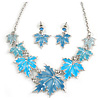 Light Blue Enamel Maple Leaf Necklace and Drop Earrings Set In Rhodium Plating - 41cm L/ 7cm Ext