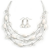 Multistrand White/ Transparent Glass and Ceramic Bead Wire Necklace & Drop Earrings Set - 48cm L/ 5cm Ext