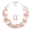 Light Pink Glass & Crystal Floating Bead Necklace & Drop Earring Set - 48cm L/ 5cm Ext