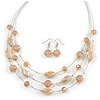 Multistrand Light Toffee/ Caramel Glass and Ceramic Bead Wire Necklace & Drop Earrings Set - 48cm L/ 5cm Ext