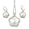 Stylish White Pearl Style Flower Pendant and Drop Earrings In Rhodium Plating (48cm Chain)