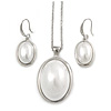 Stylish White Pearl Style Oval Pendant and Drop Earrings In Rhodium Plating  (48cm Chain)